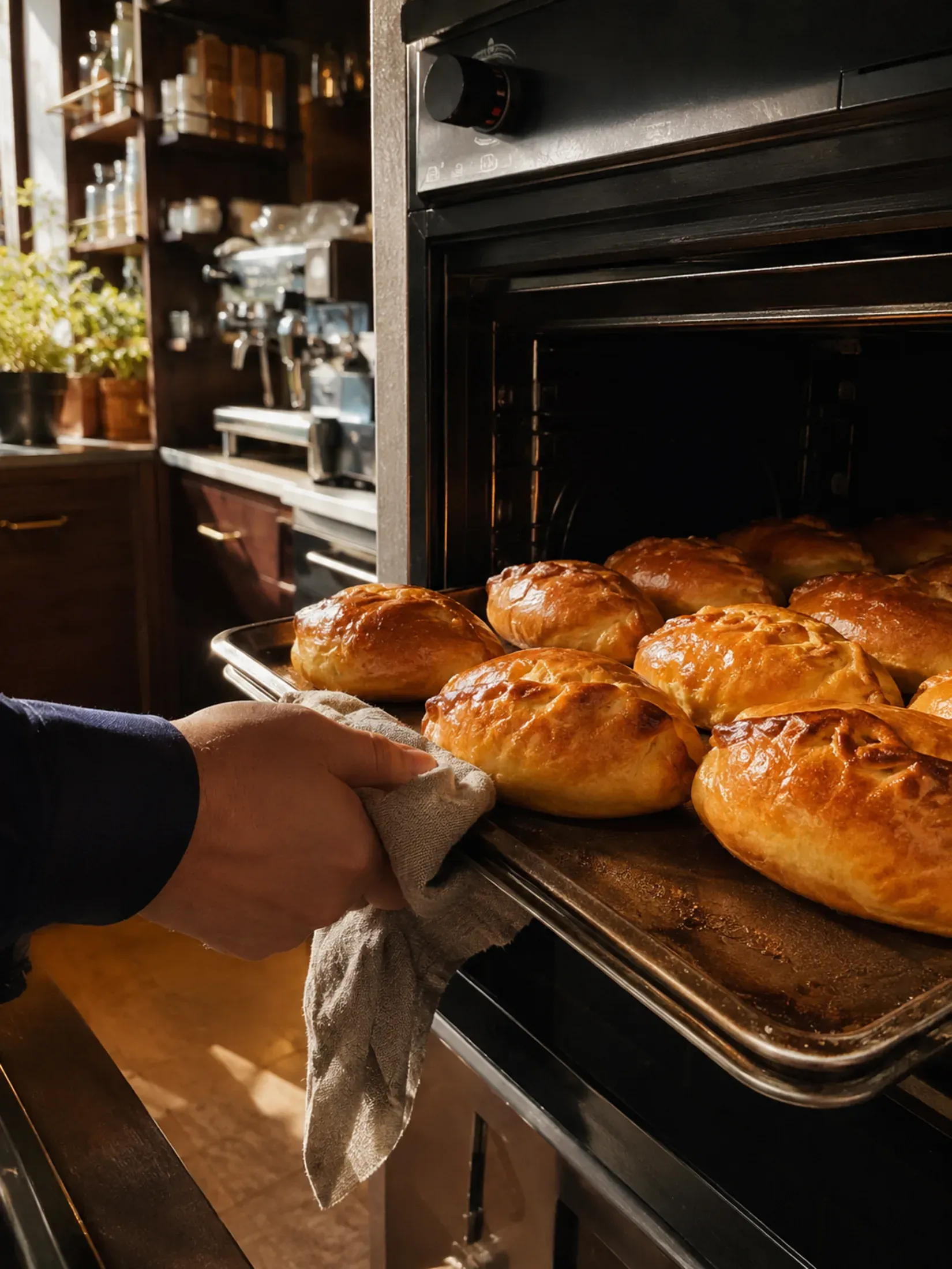 Fresh pirozhki pulled from the oven, café interior and espresso machine in the background. Client-provided photography.