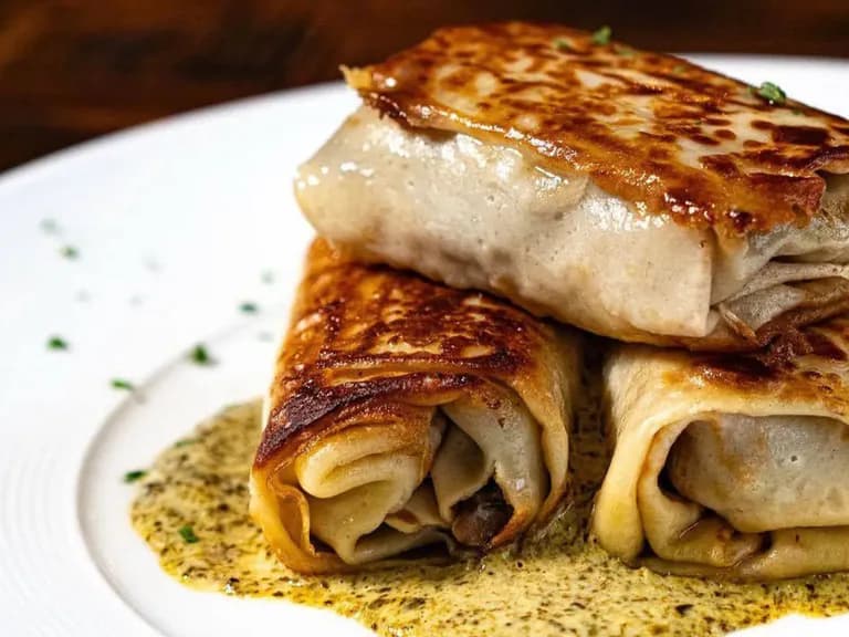 Rolled blintchiki crepes with wild mushroom cream sauce, plated. Client-provided photography.