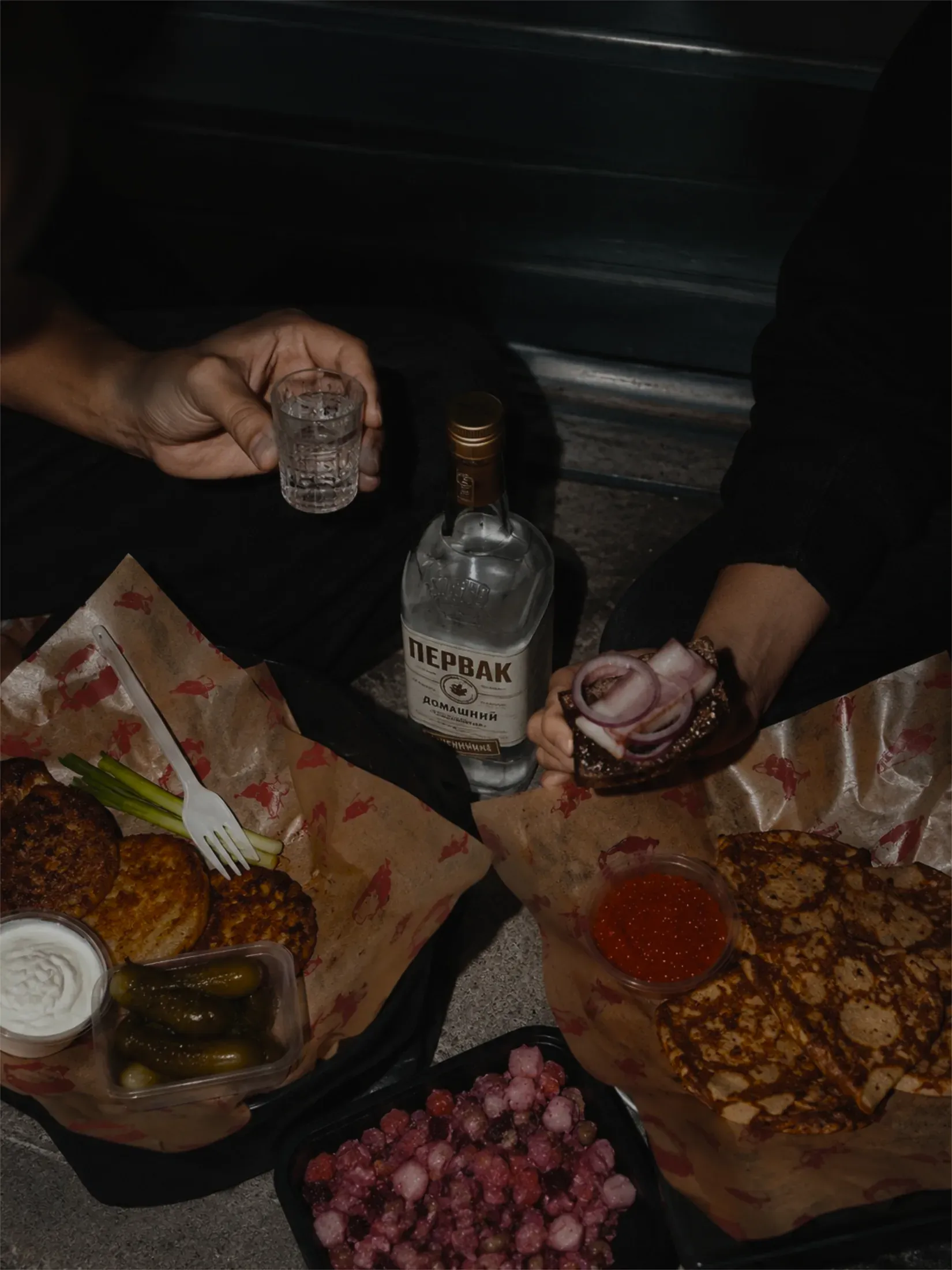 Late-night spread: draniki, house pickles, rye toast with red onion and salo, blini with red caviar, and a shot of vodka. Client-provided photography.