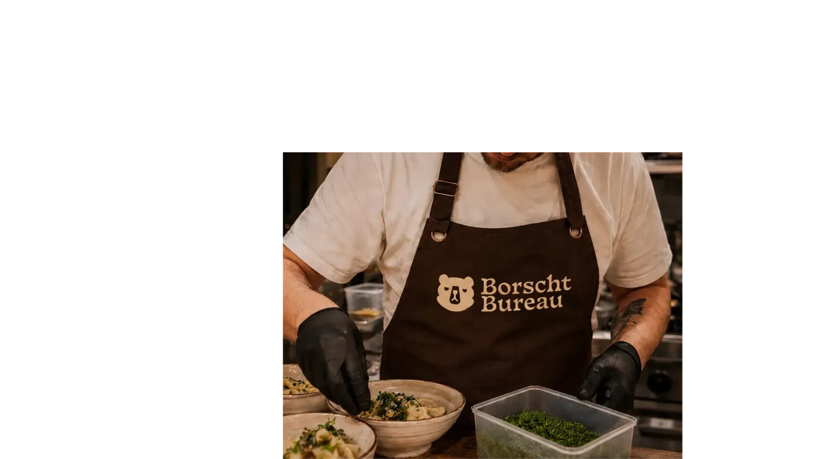 Borscht Bureau branded merchandise, laid flat.