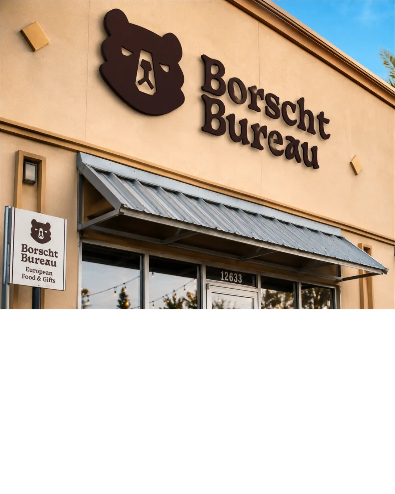 Borscht Bureau storefront exterior with signage and window decals.