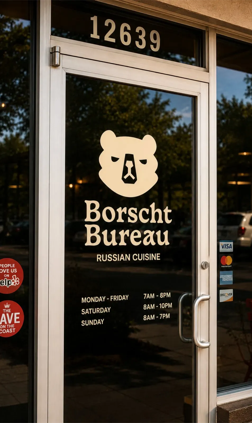 Borscht Bureau shopfront and entrance with branded signage.